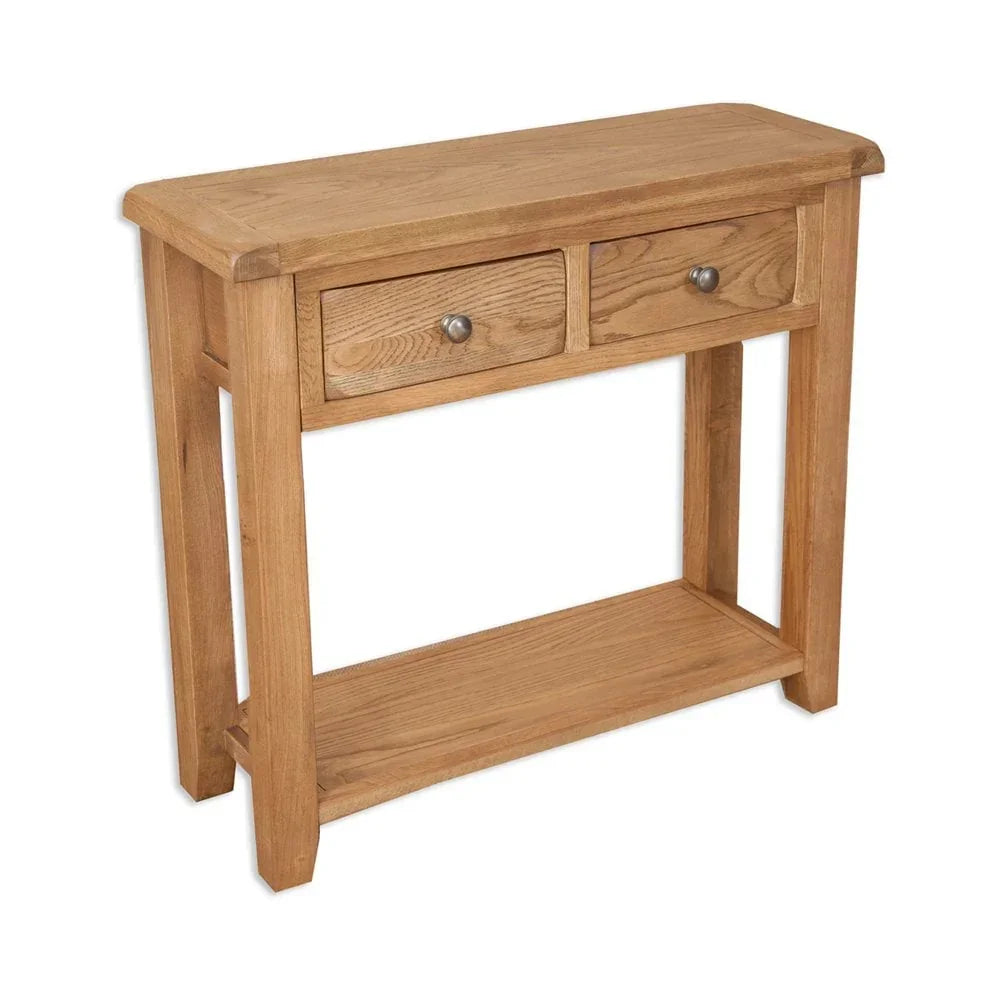 Oak console table with two drawers and lower shelf, wood grain finish, front angle view