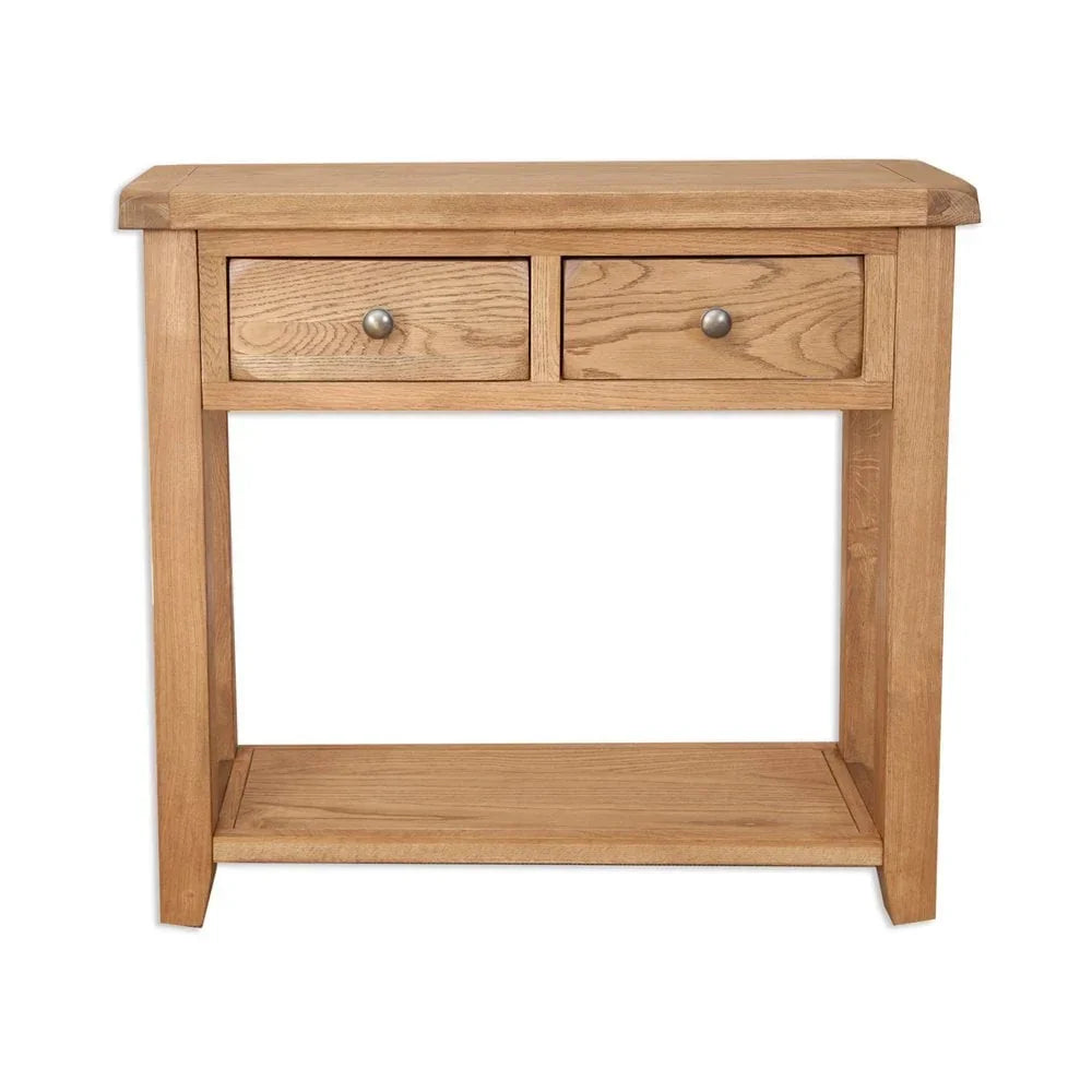 Oak console table with two drawers and lower shelf, wood grain finish, front view