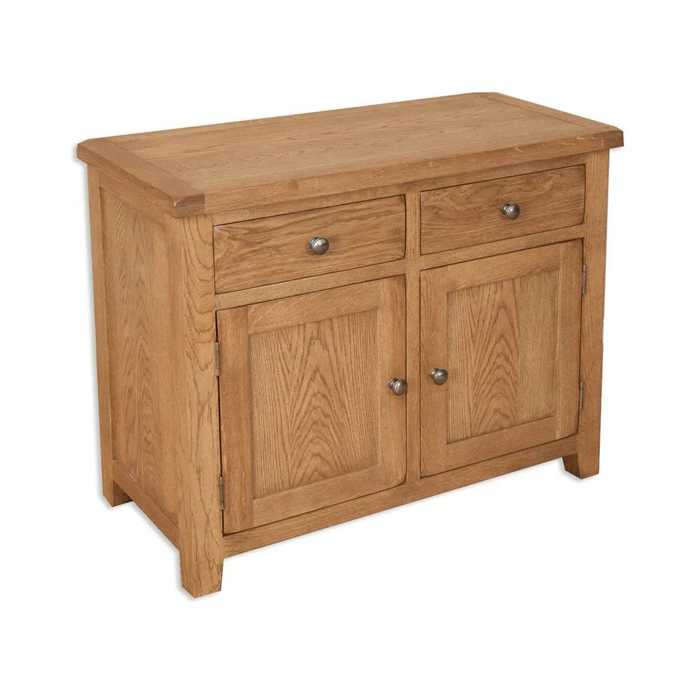 Oak sideboard with two drawers and two cabinet doors, brushed metal handles, front view