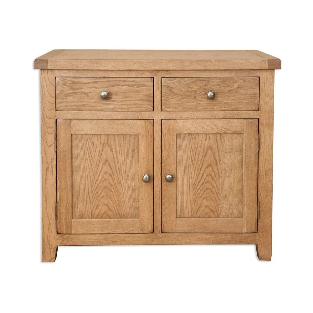 Oak sideboard cabinet with two drawers and two doors, brushed metal handles, front view