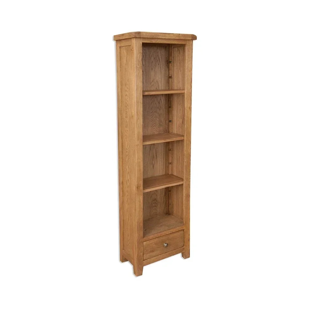 Tall oak bookcase with four shelves and single drawer, front angled view