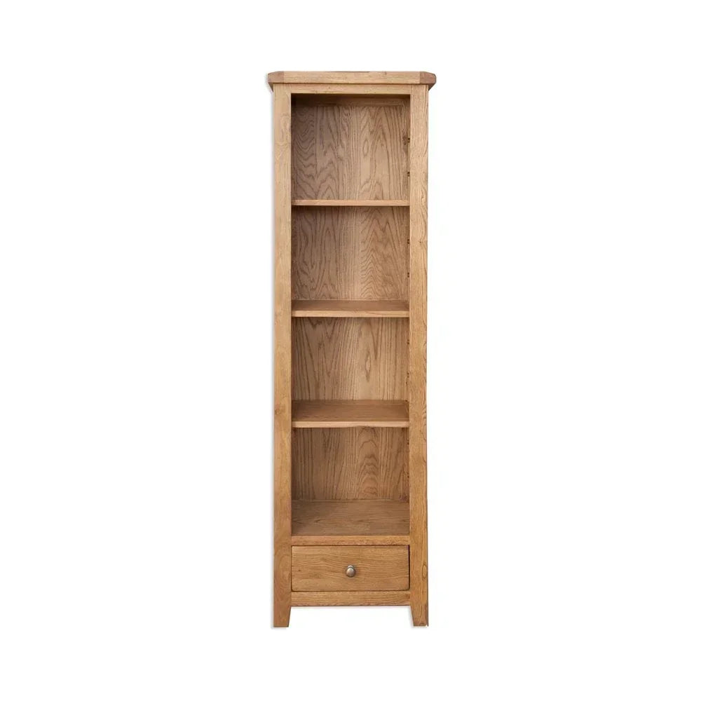 Tall oak bookcase with four shelves and single drawer, front view, natural wood finish
