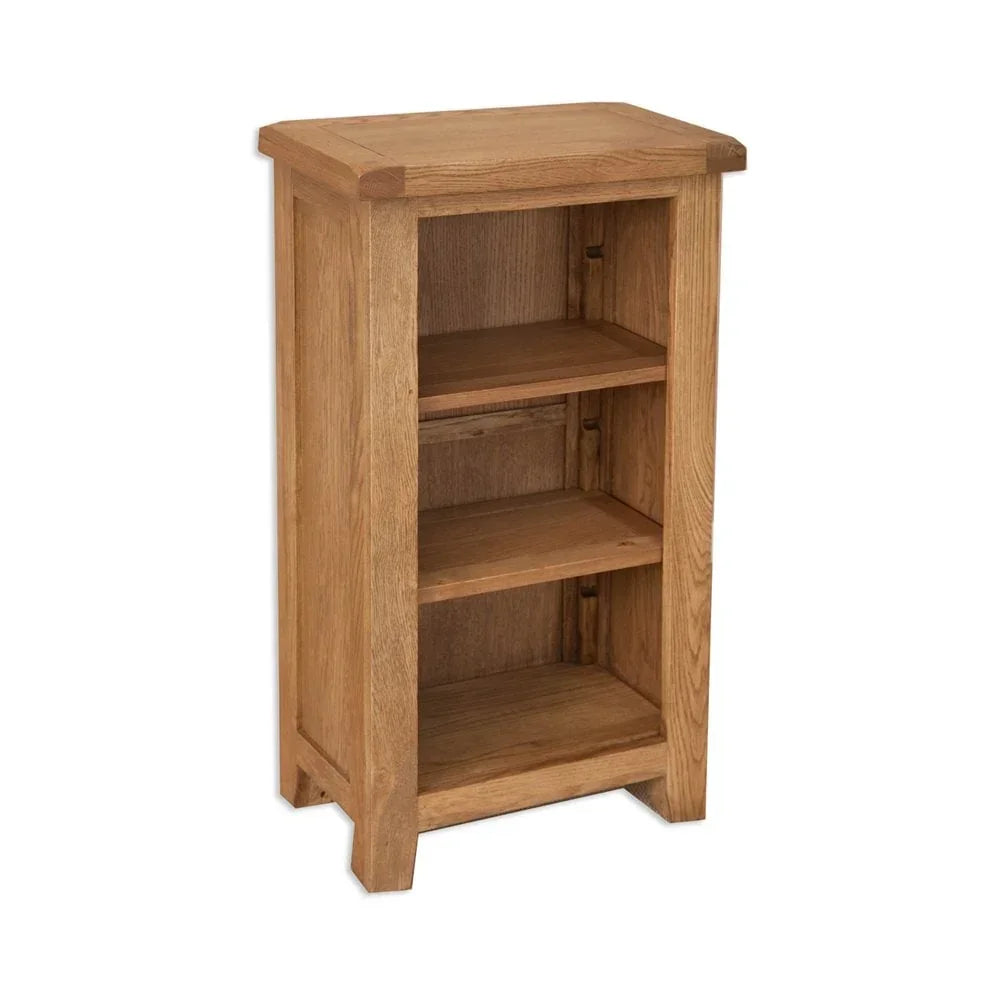 Oak bookshelf with three shelves and natural wood finish on white background