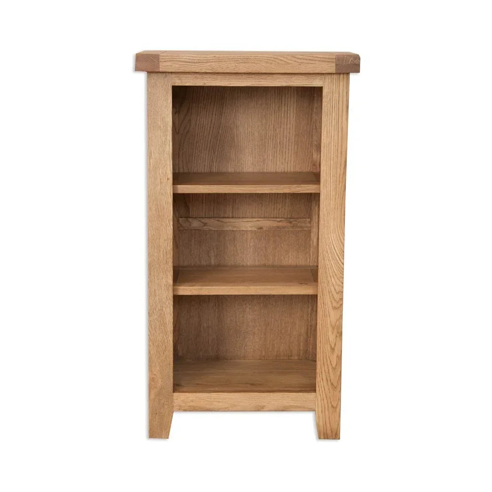 Oak wood bookcase with three shelves and natural finish on white background