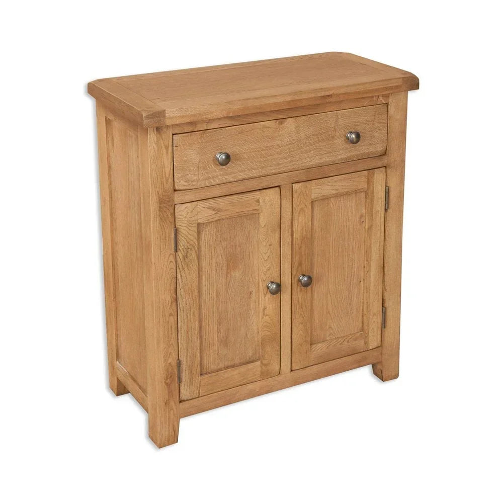 Oak sideboard with two doors, single drawer and metal handles, shown at angle