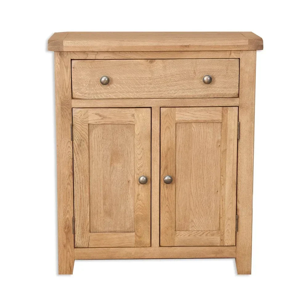 Oak sideboard cabinet with single drawer and two doors, silver knobs, front view