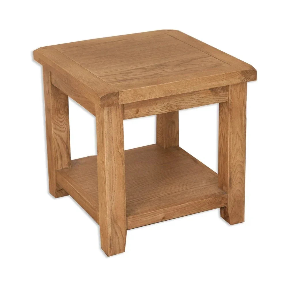 Oak side table with lower shelf and square legs, shown on white background