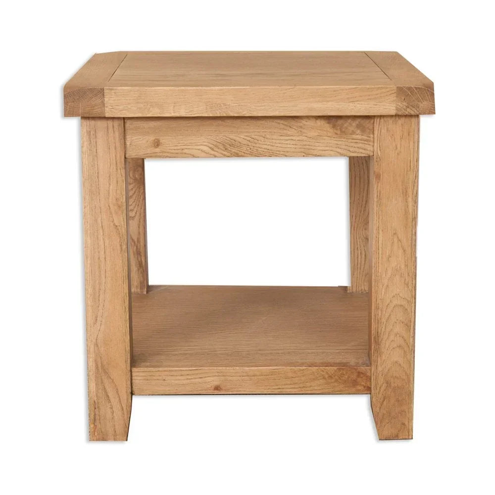 Oak side table with lower shelf and clean lines, front view