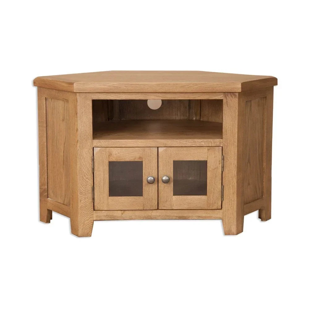 Oak corner TV unit with glass door storage and open shelf for media devices