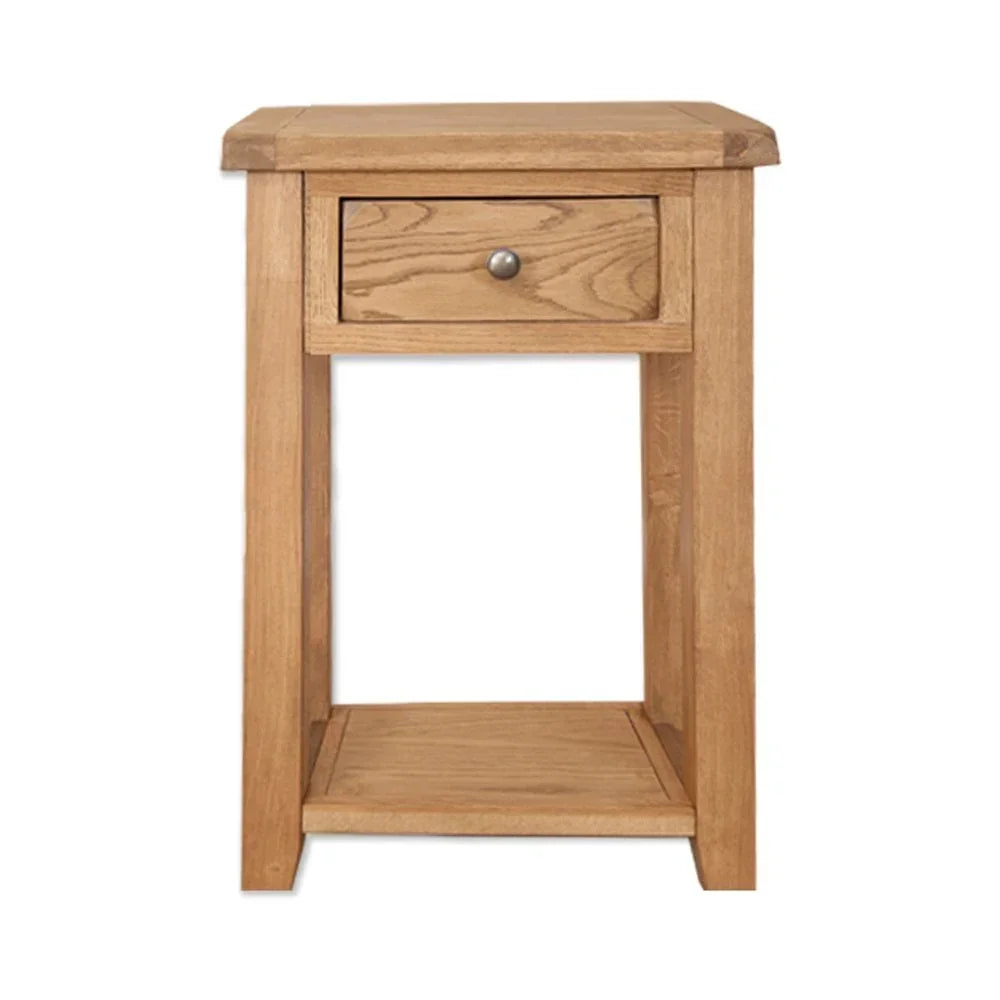 Oak bedside table with single drawer and lower shelf, front view