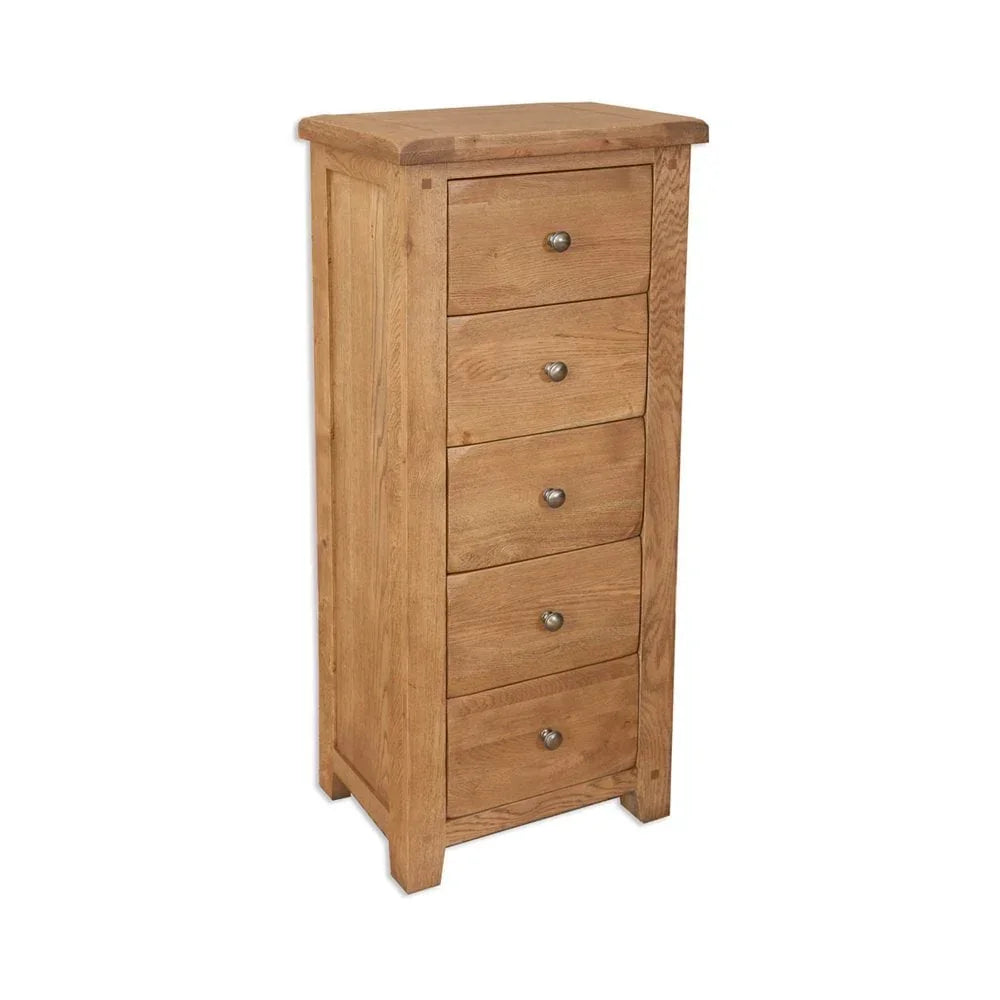Tall oak chest of drawers with five drawers and metal handles
