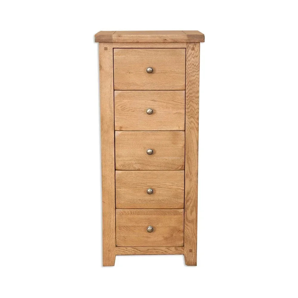 Tall oak chest of drawers with five drawers and metal handles