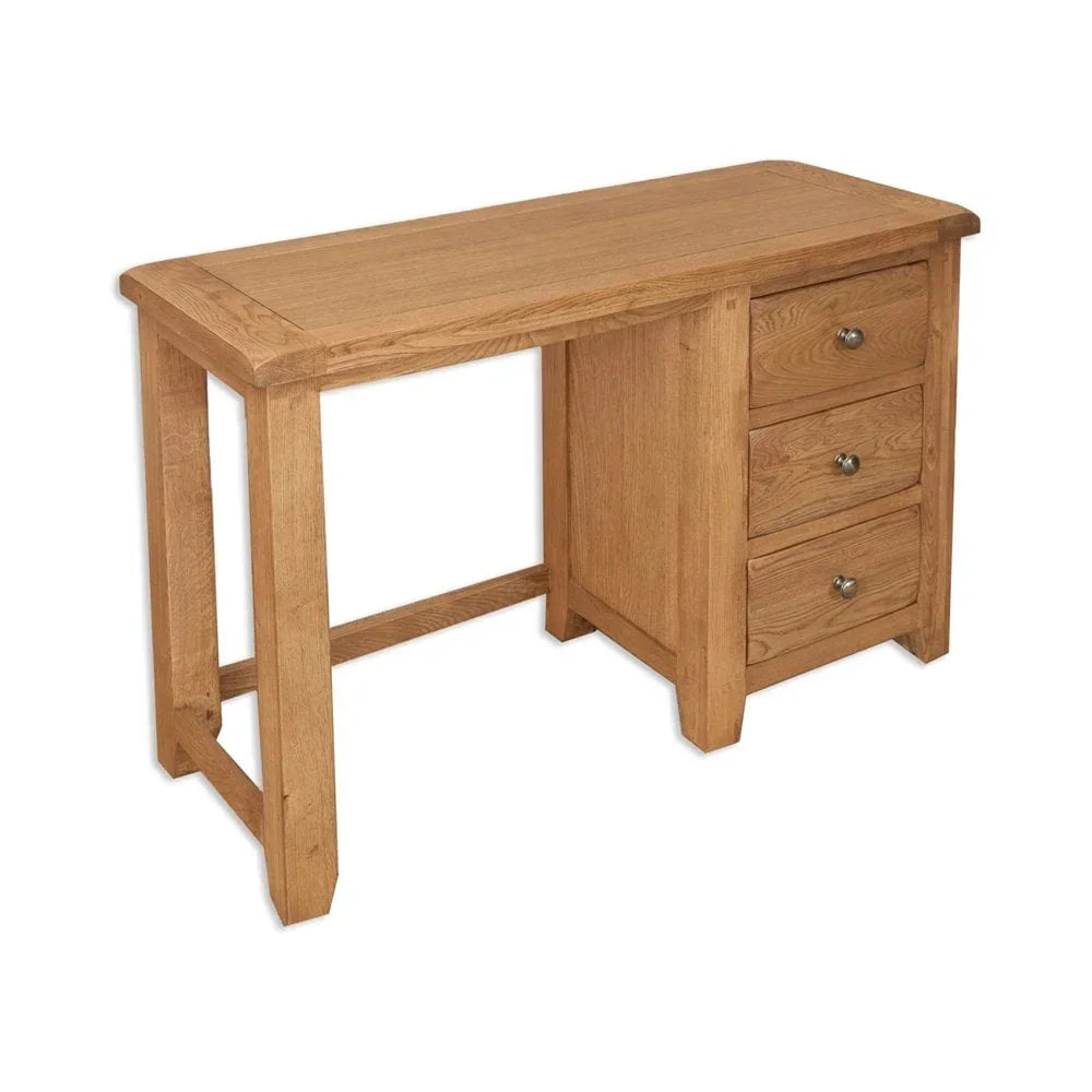 Oak desk with three drawers and metal handles, rectangular design, natural wood finish