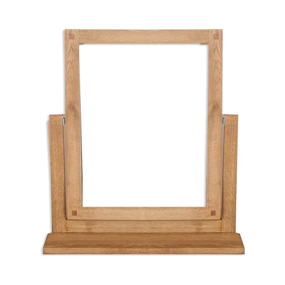 Natural oak dressing table mirror with rectangular wooden frame and sturdy base