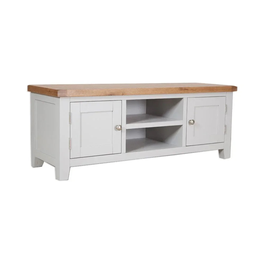 White wooden TV unit with oak top, two cupboards, and open central shelves