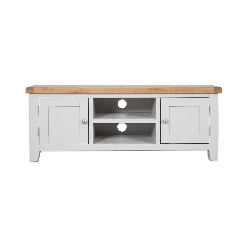 White wooden TV unit with two cabinets, oak top, and open shelves for media storage