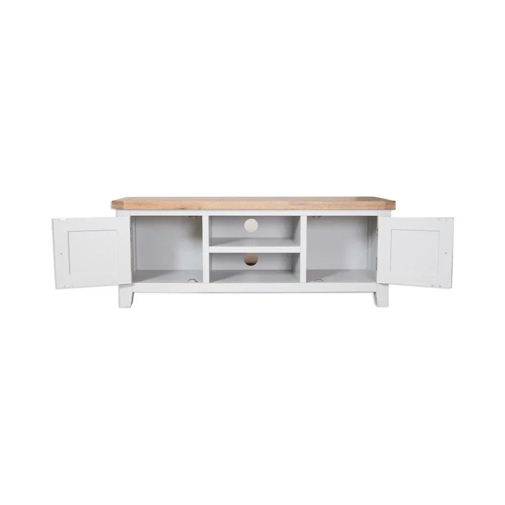 White wooden TV unit with oak top, open shelves and side storage cupboards