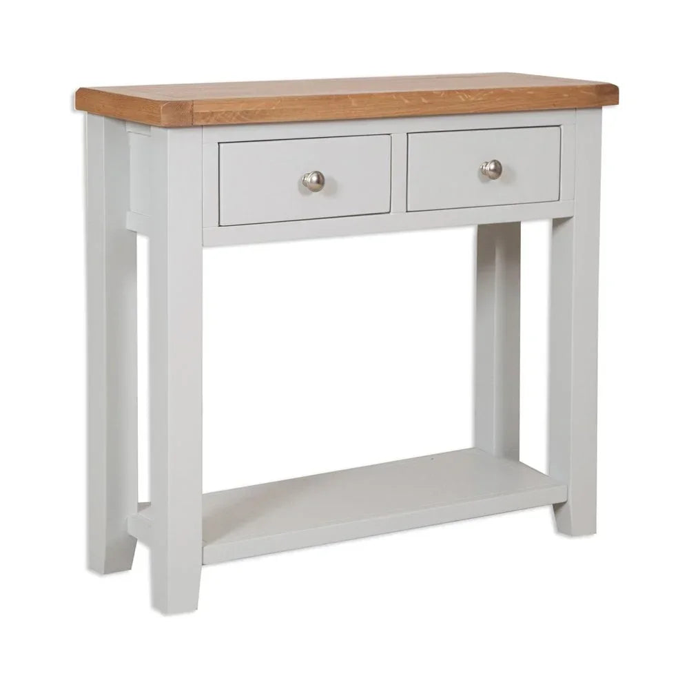 White console table with two drawers, oak top and lower shelf, furniture front view