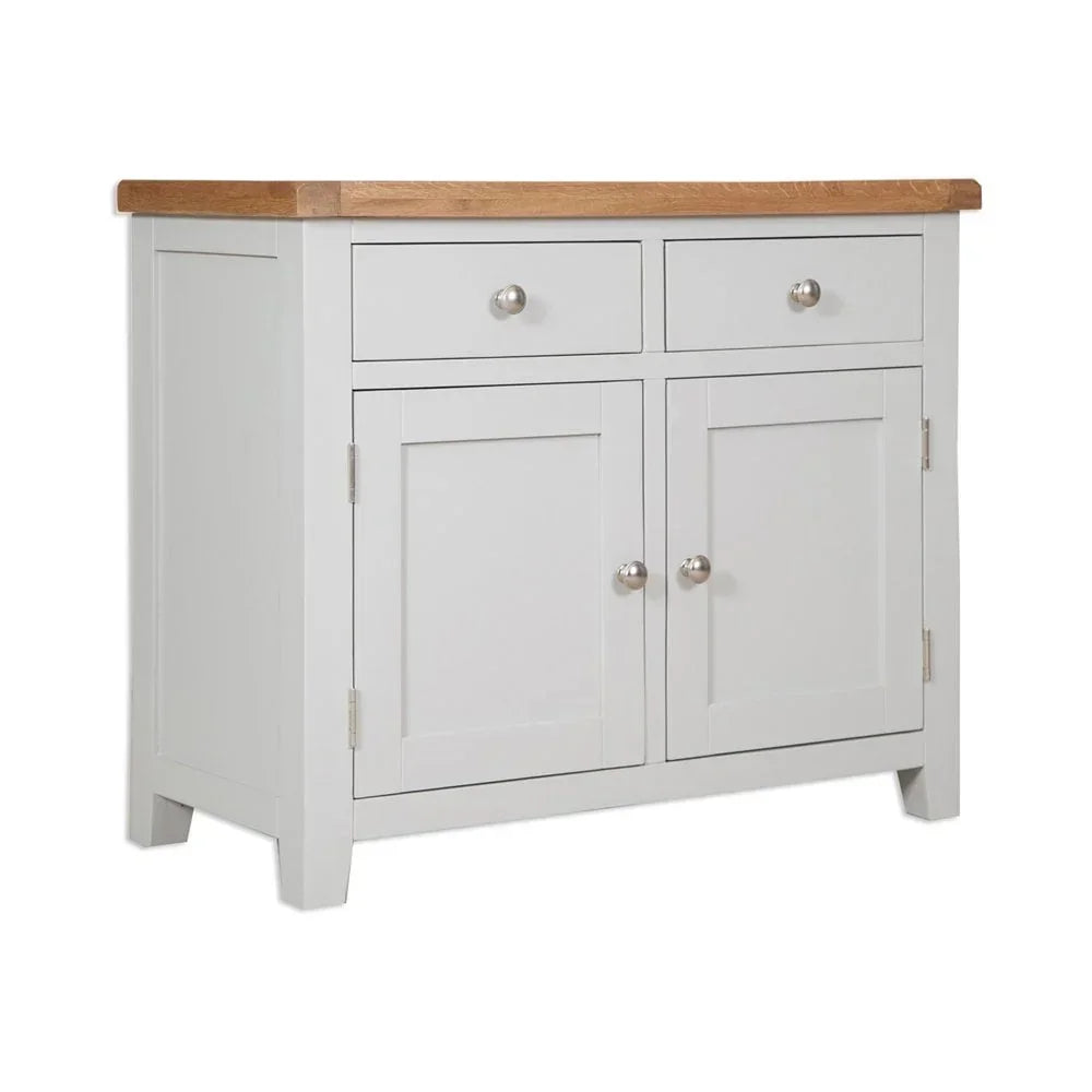 White sideboard with oak top, two drawers and two cupboard doors, silver handles