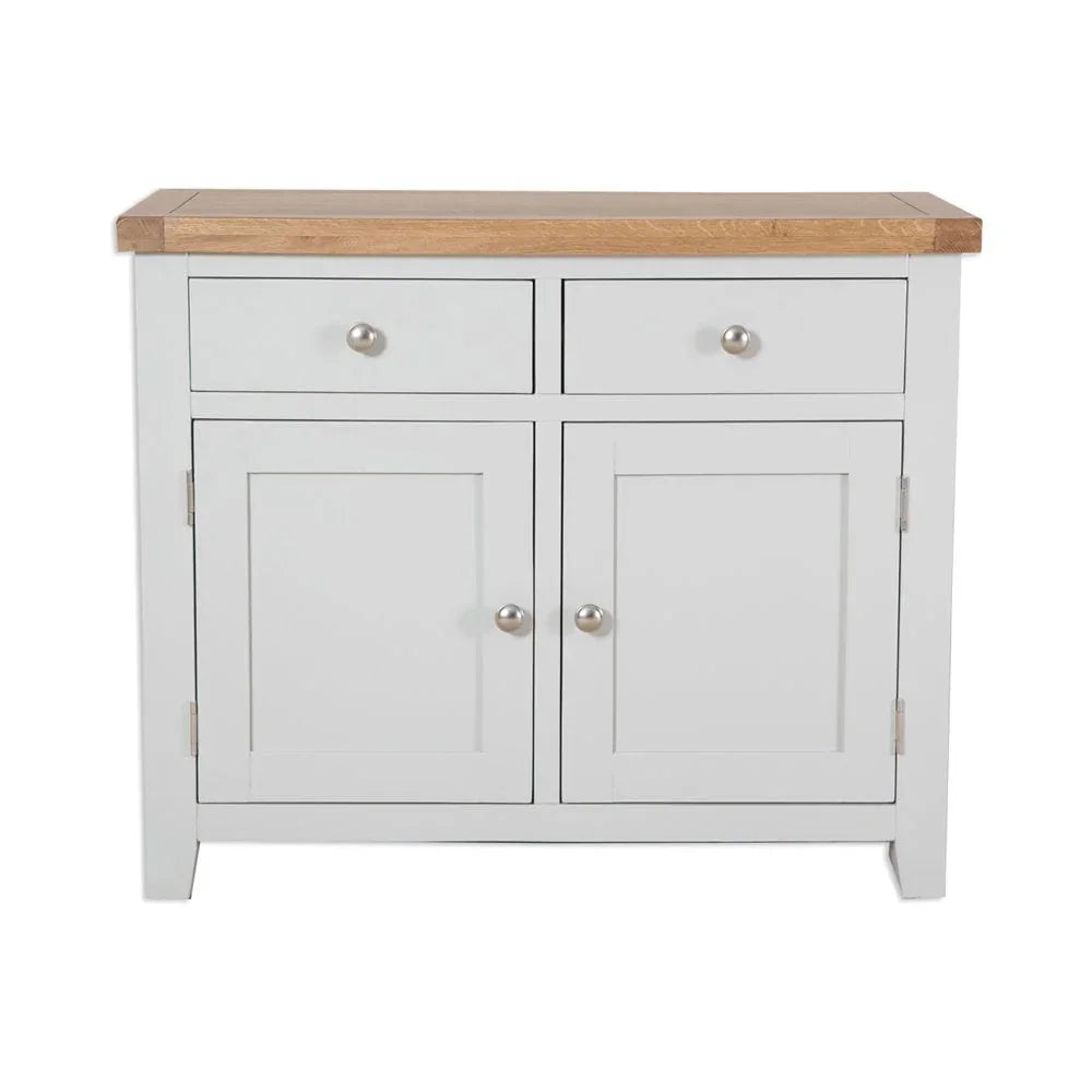 White sideboard cabinet with oak top, two drawers and two doors, front view