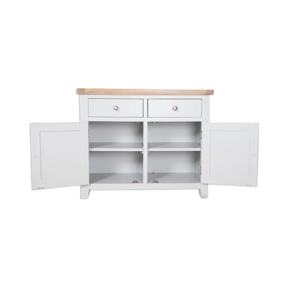 White sideboard with natural wood top, two drawers, open cupboard doors showing shelves