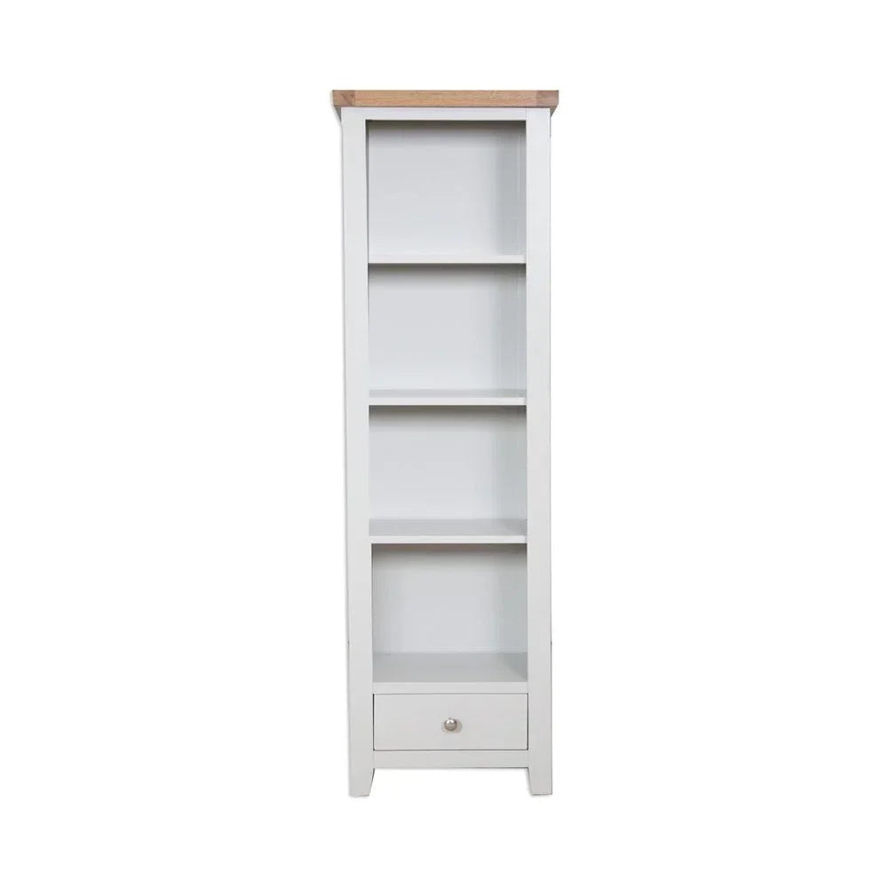 White tall bookcase with wooden top, open shelves and single drawer front view
