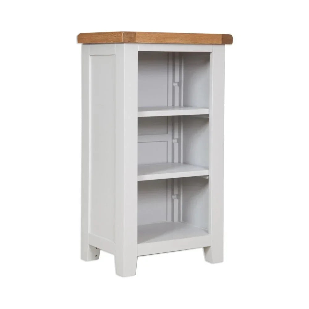 White wooden bookcase with oak top and three open shelves