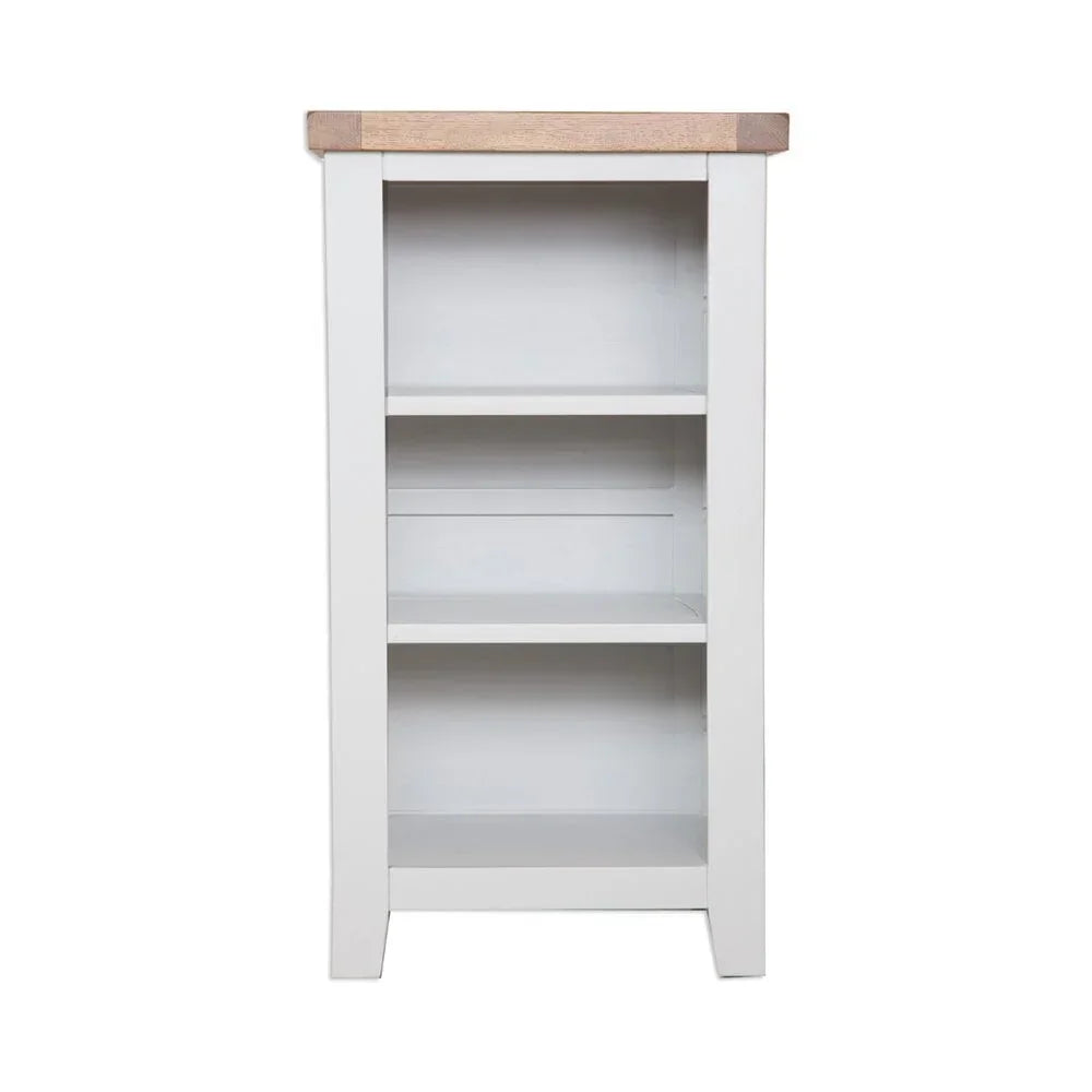 White wooden bookshelf with three open shelves and light wood top, front view
