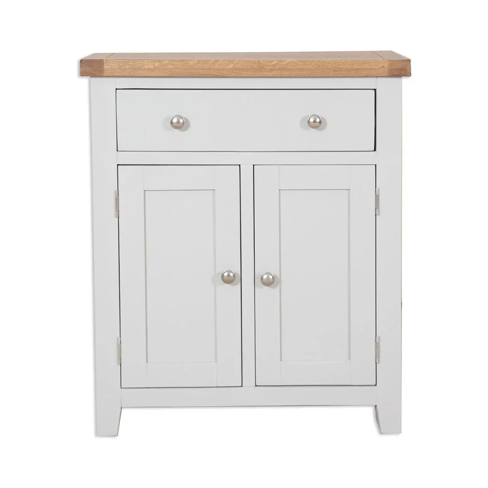 White wooden sideboard with oak top, single drawer and two door cabinet, front view
