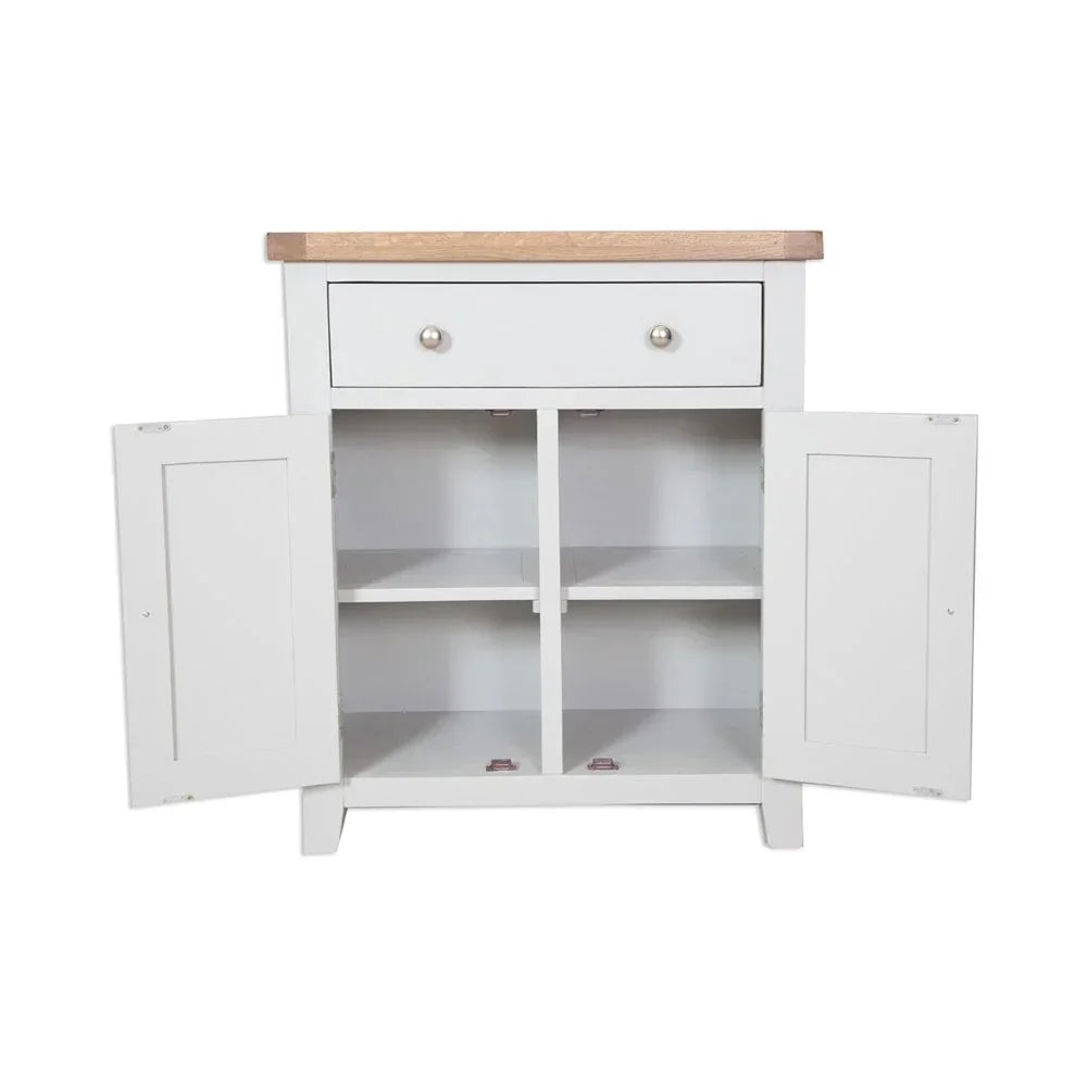 White sideboard with oak top, single drawer, and open double cabinet doors showing shelves