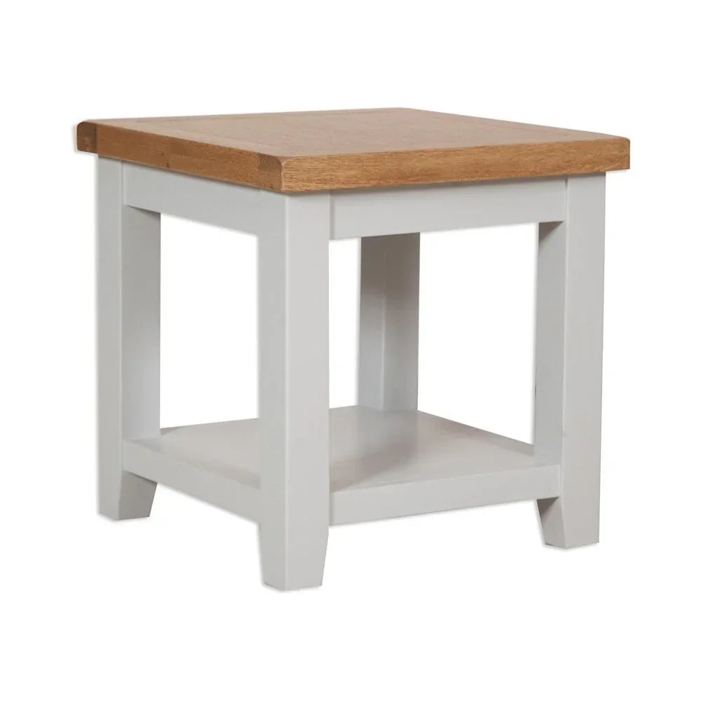 Oak and white painted side table with square top and lower shelf
