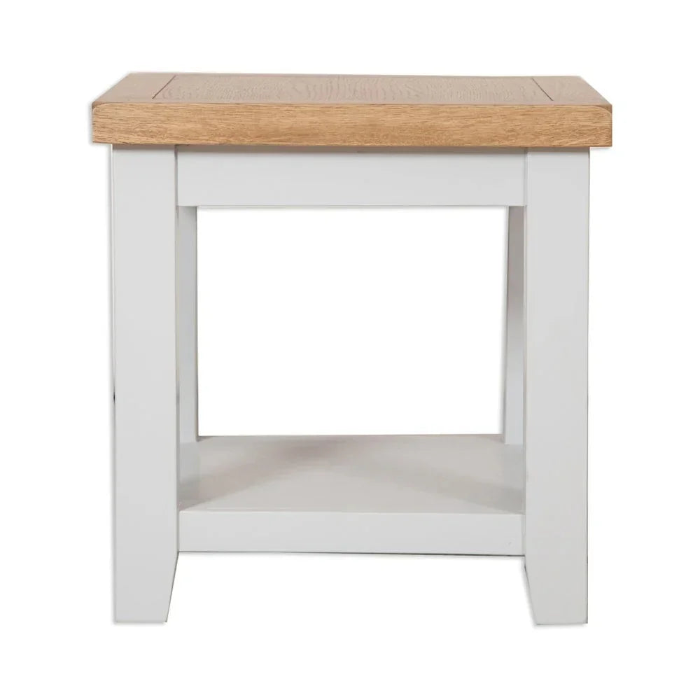 Oak and painted wood side table with lower shelf, straight legs and flat top