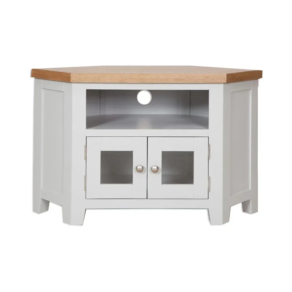 White wooden corner TV unit with oak top, open shelf and glass double doors