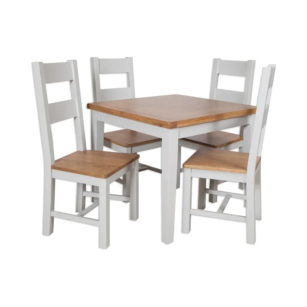 Wood dining table set with four white and oak chairs, square table, modern kitchen furniture