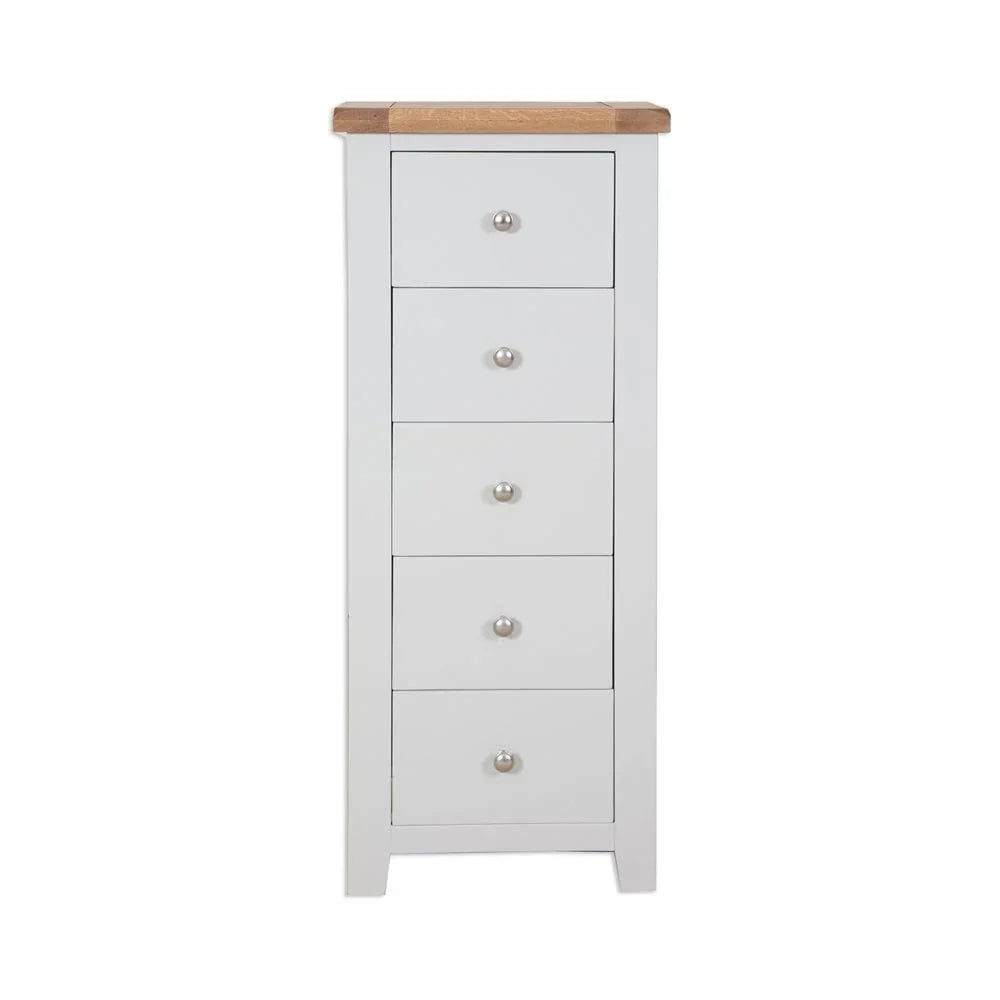 White chest of drawers with five drawers and oak top, bedroom storage furniture