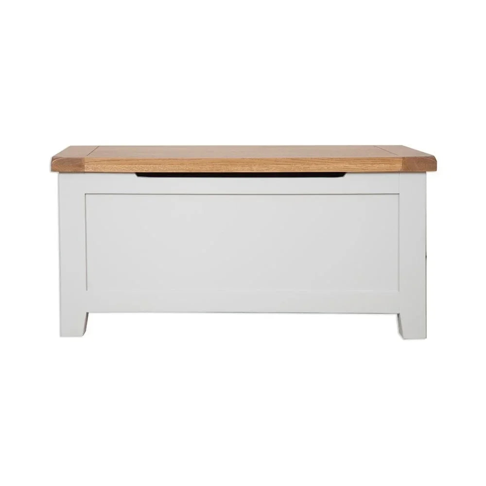 White wooden storage bench with natural oak lid, front view