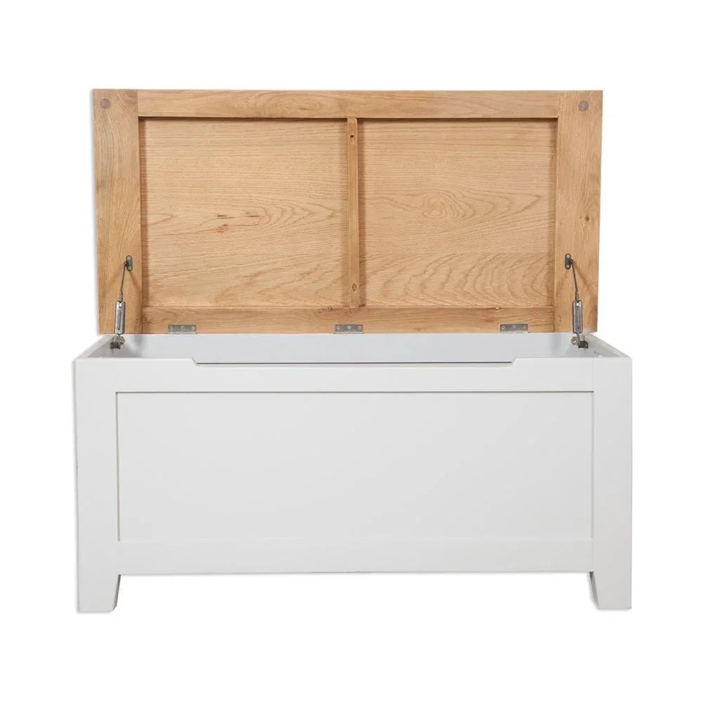 White wooden storage bench with oak lift-up lid, shown open, front-facing view