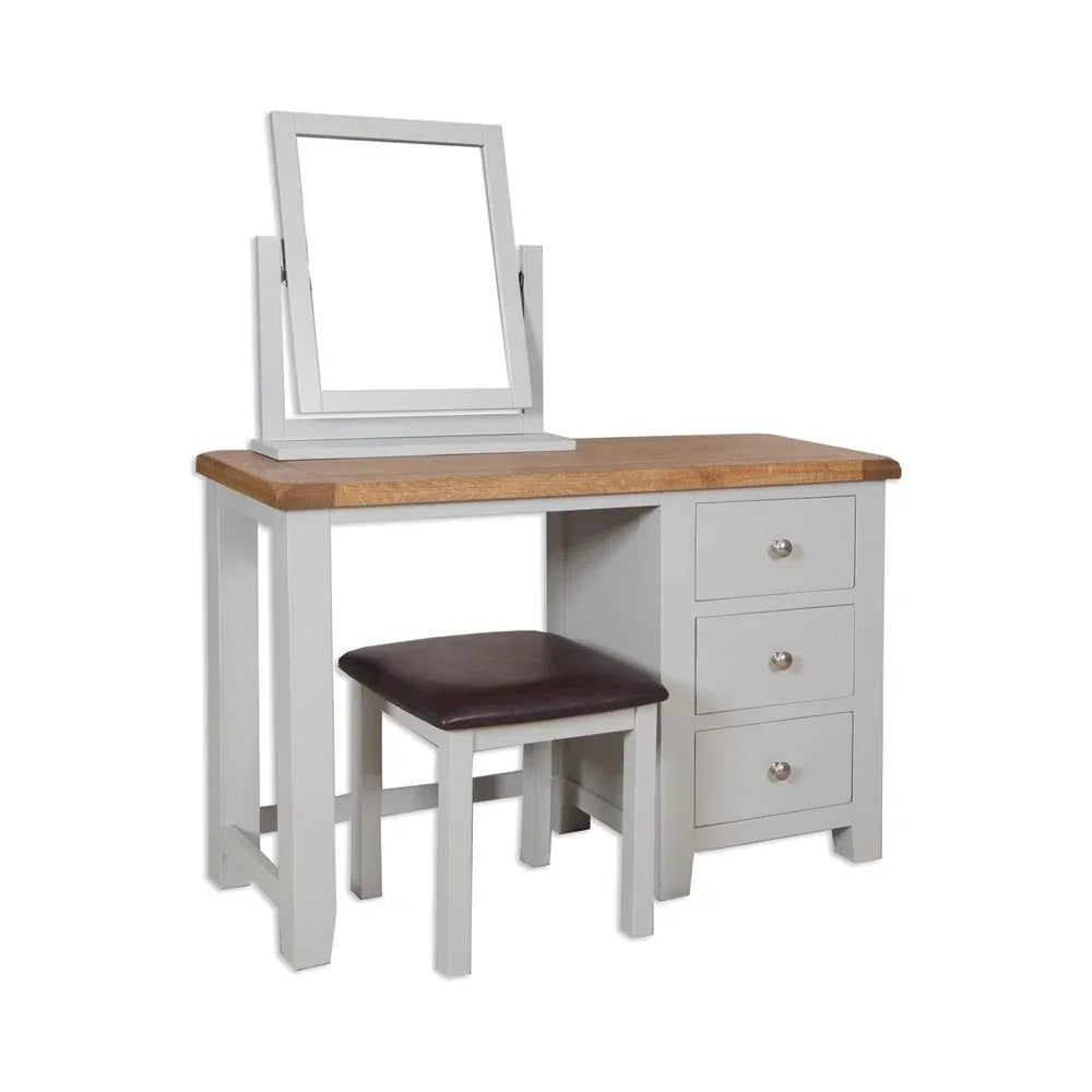 Grey dressing table with three drawers, matching stool and adjustable mirror, oak top
