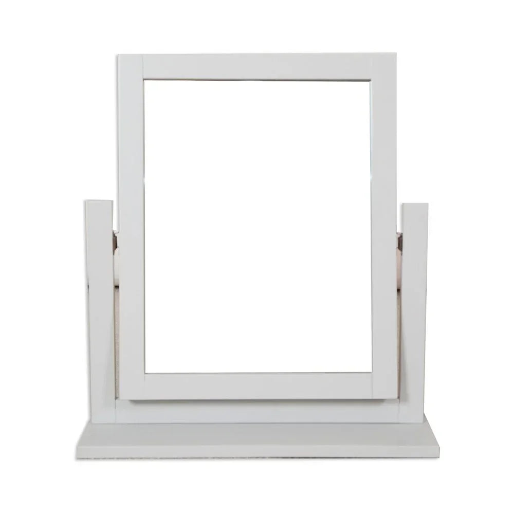 White wooden dressing table mirror with rectangular frame on stand