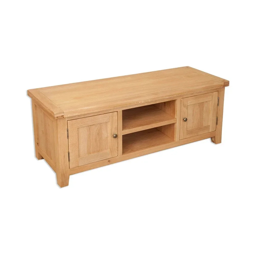 Oak TV unit with two cupboards and open shelves in natural wood finish