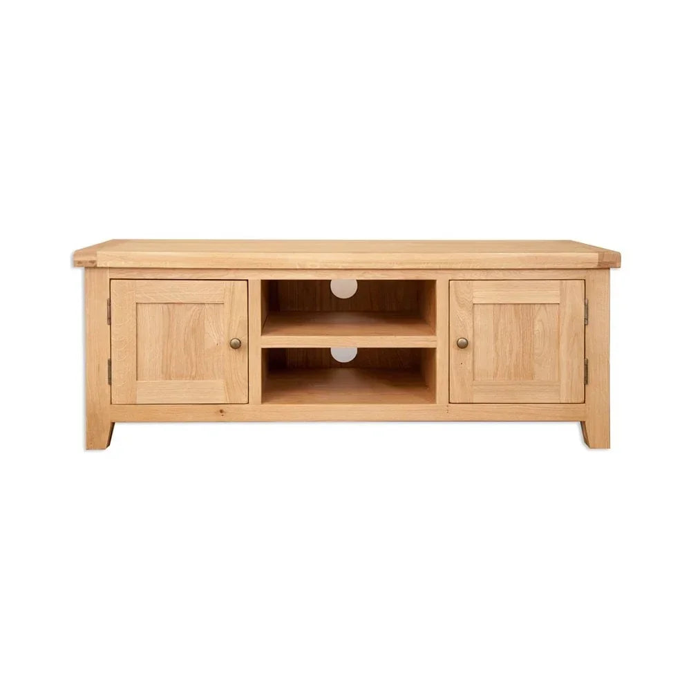 Light oak TV unit with two cabinets and open shelves, front view