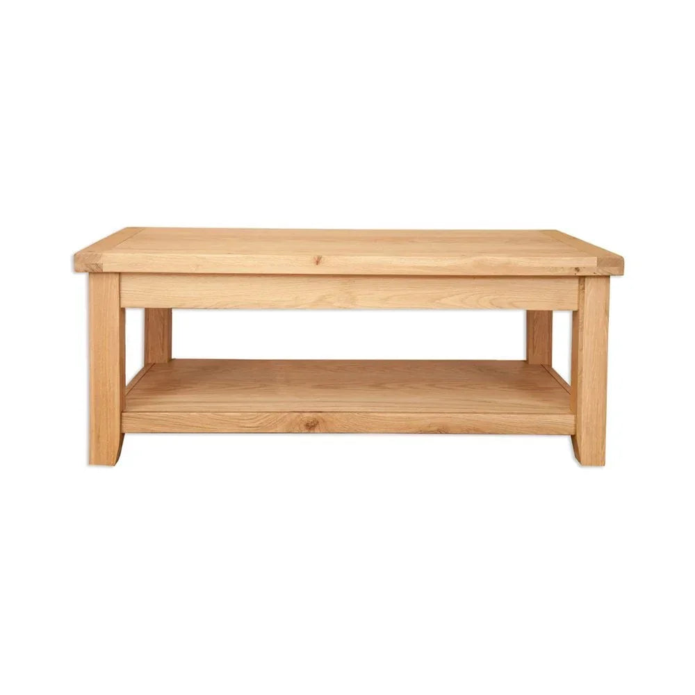 Rectangular oak coffee table with lower shelf and natural wood finish, front view