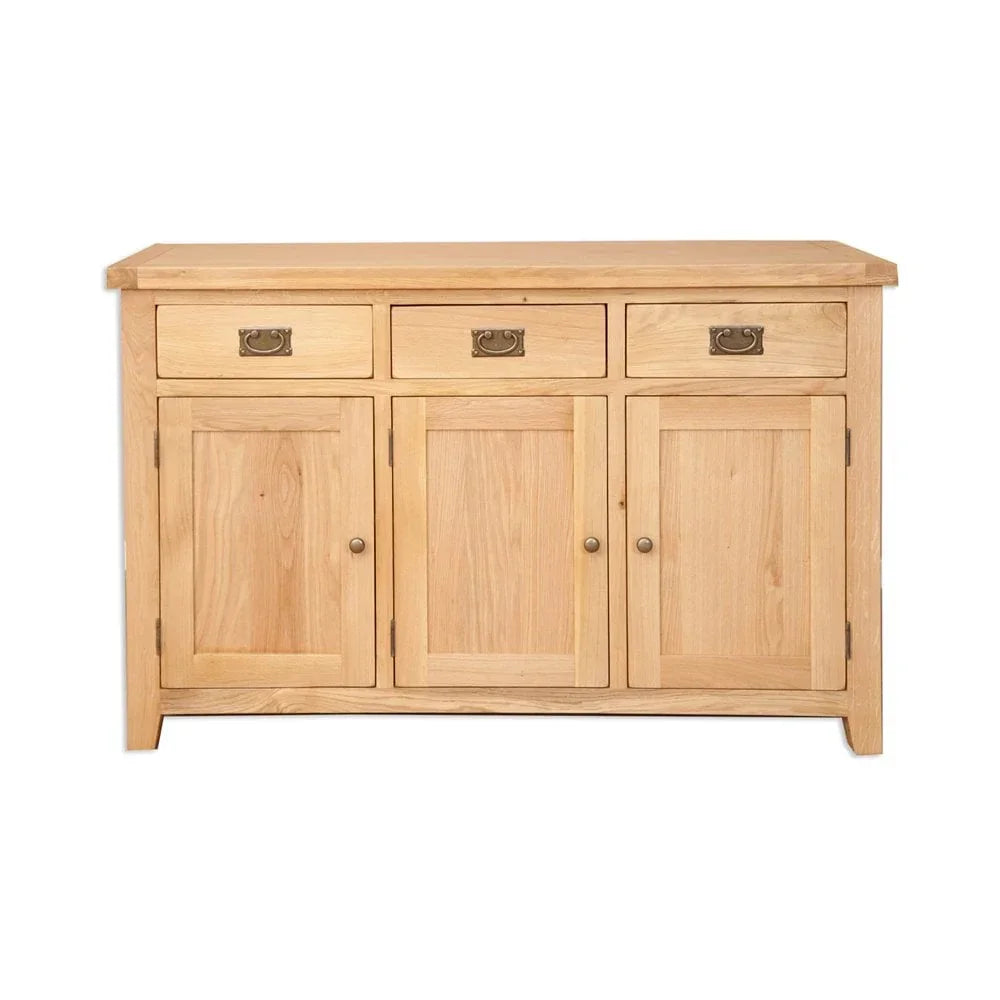 Oak sideboard with three drawers and three cupboard doors, metal handles, natural finish