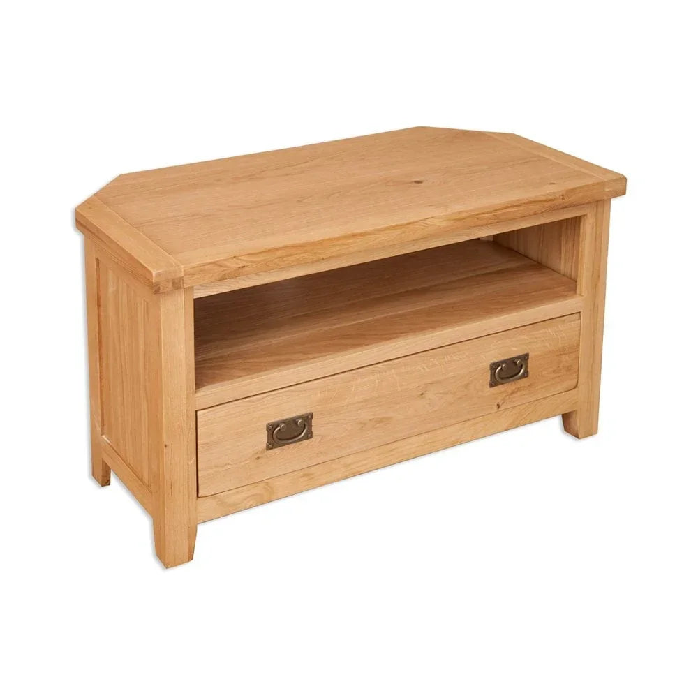 Oak corner TV unit with open shelf and drawer, metal handles, and natural wood finish