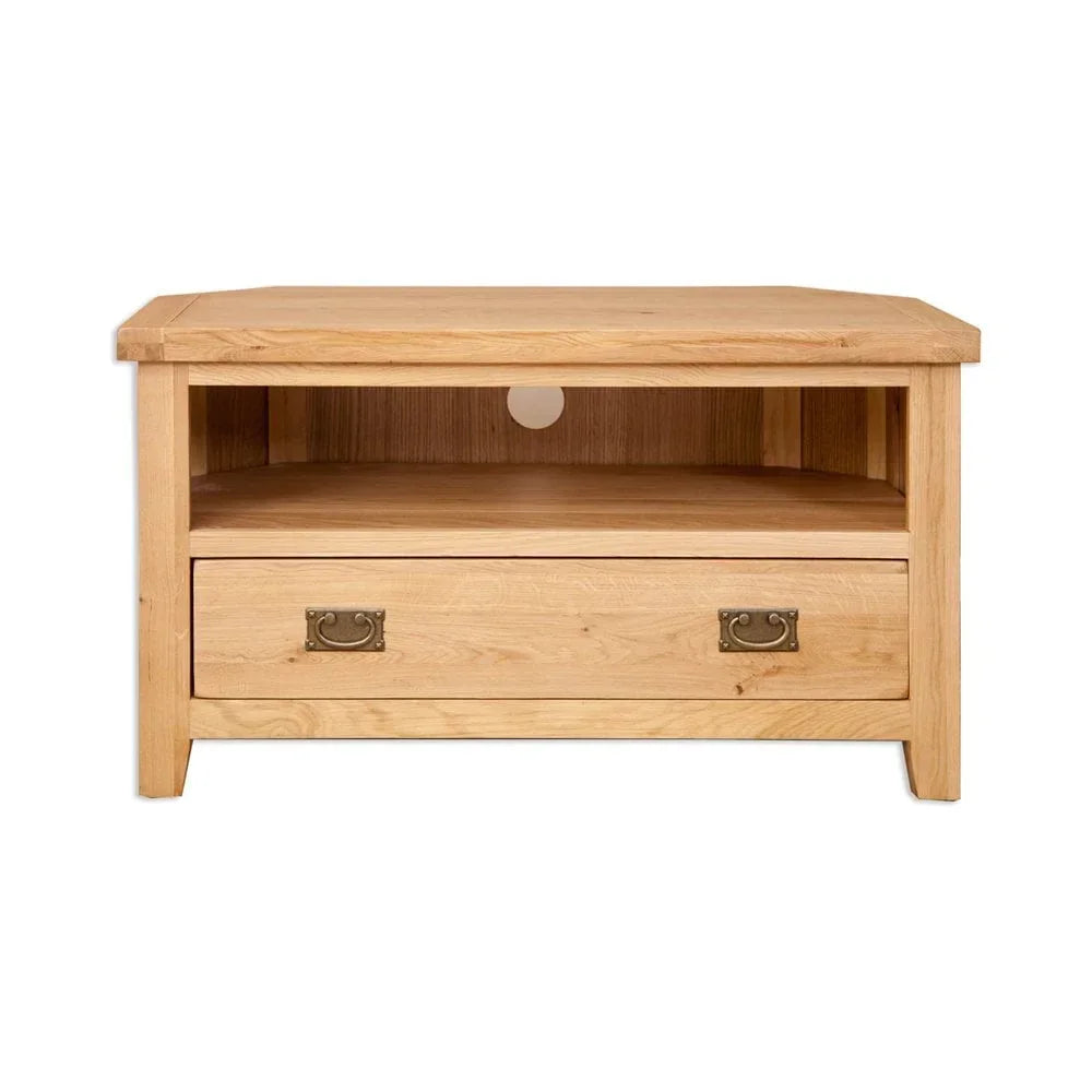 Oak corner TV unit with drawer, open shelf and metal handles, front view