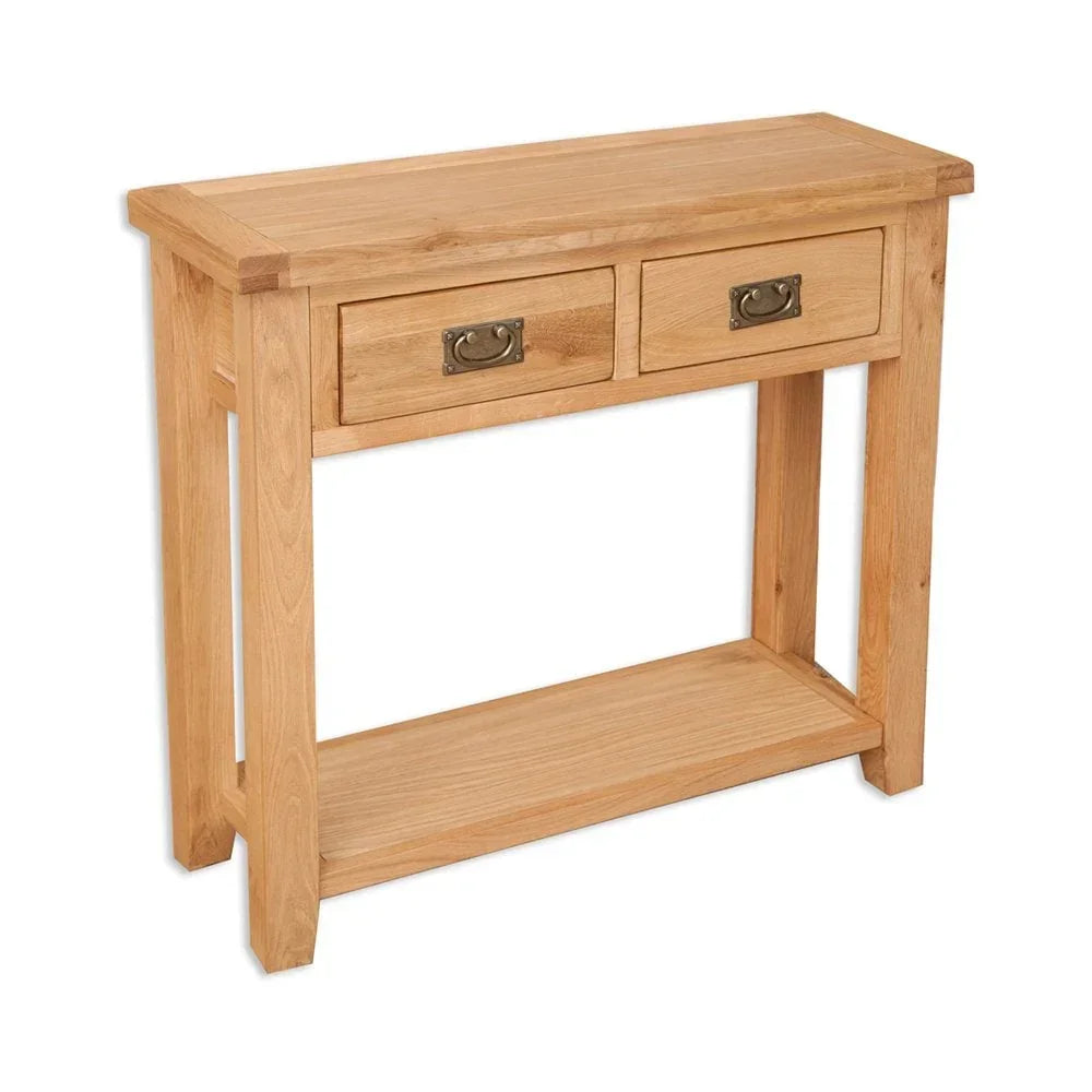 Oak console table with two drawers and lower shelf, metal handles, front angle view