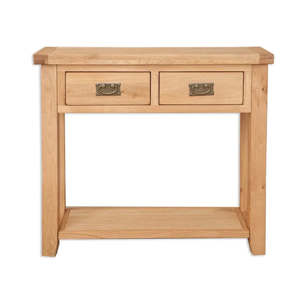 Oak console table with two drawers and lower shelf, brass handles, front view