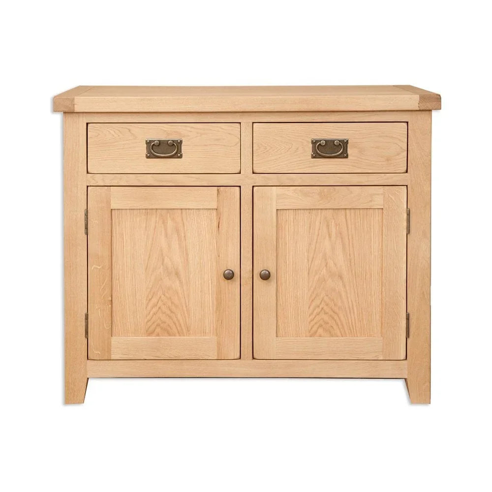 Oak sideboard with two drawers and double doors, metal handles, natural wood finish