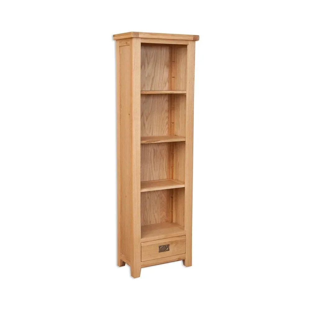 Tall oak bookcase with three open shelves and single drawer at the bottom, angled view