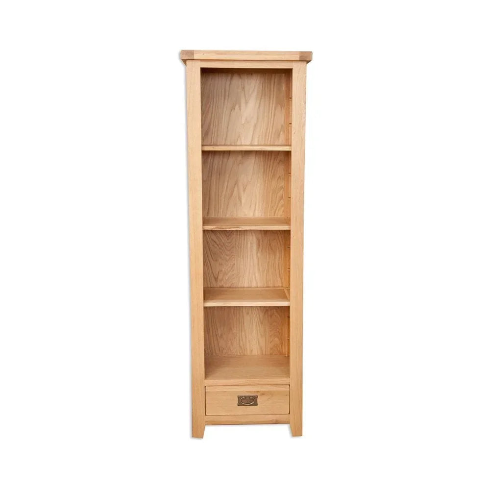 Tall oak bookcase with four shelves and bottom storage drawer on white background